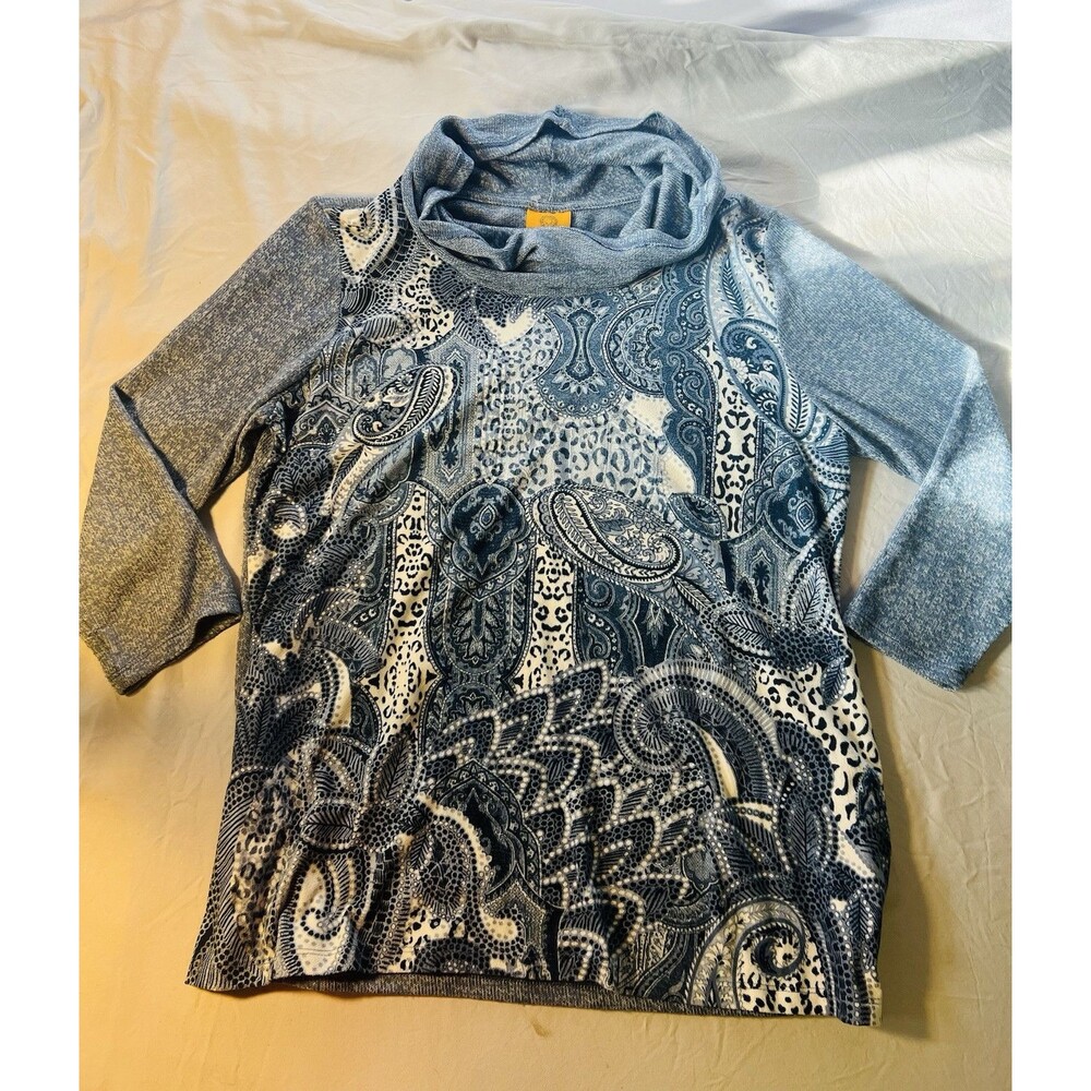 Ruby Rd. Blue Gray Silver Aztec Floral Long Sleeve Cowl Neck Top Women’s Medium